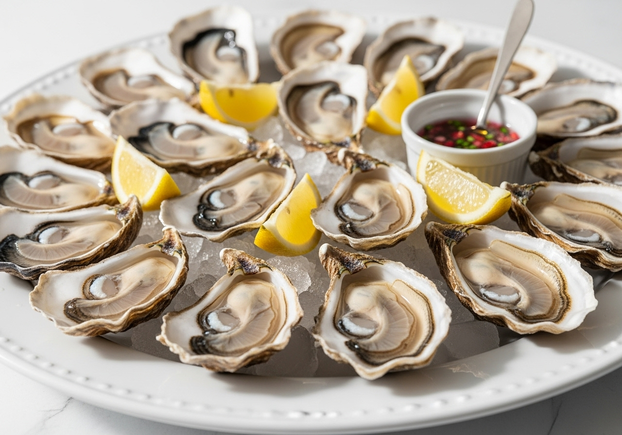 Appetizing platter of fresh oysters on ice with lemon garnish